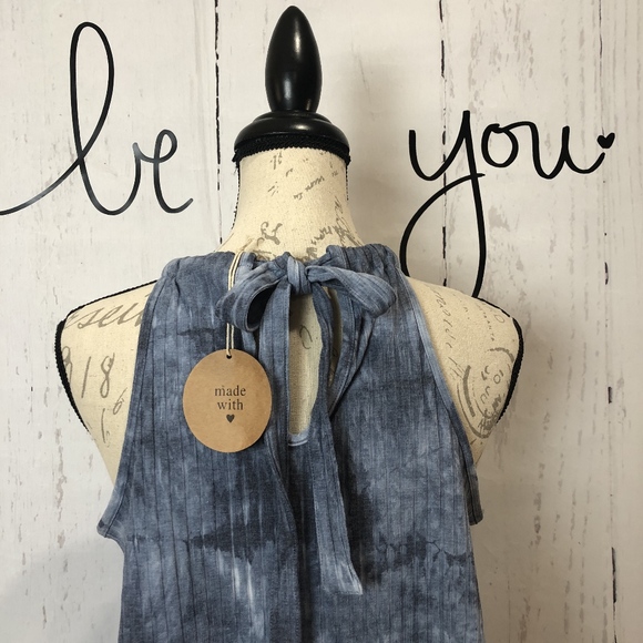 Blue Gray High Neck Back Tie, Tie Dye Top - Picture 3 of 7